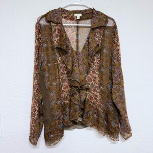 J. Jill Floral Patchwork Ruffle Boho Hippie Sheer Silk Button Front Top Large